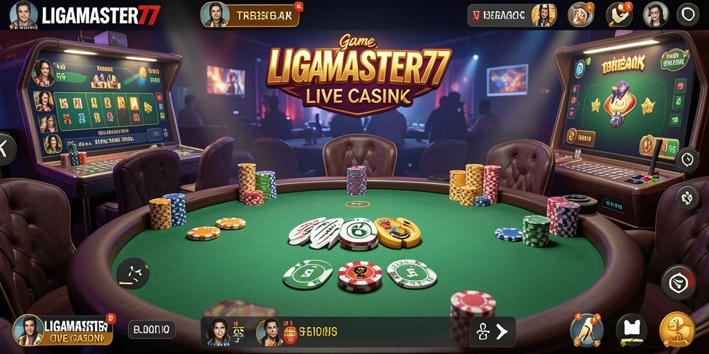 Screenshot gameplay <strong>LIGAMASTER77</strong> menampilkan dealer langsung dan suasana kasino yang nyata.