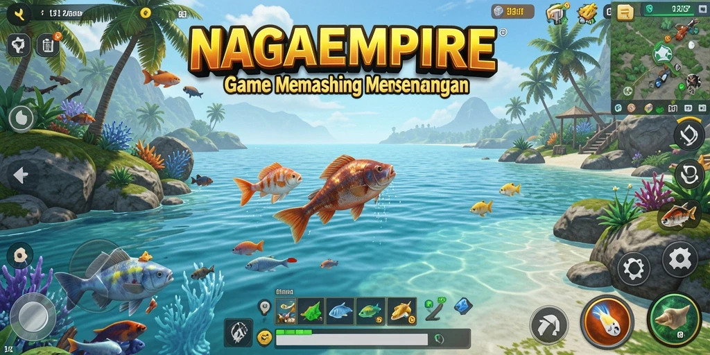Screenshot gameplay NAGAEMPIRE menampilkan saat memancing yang seru.