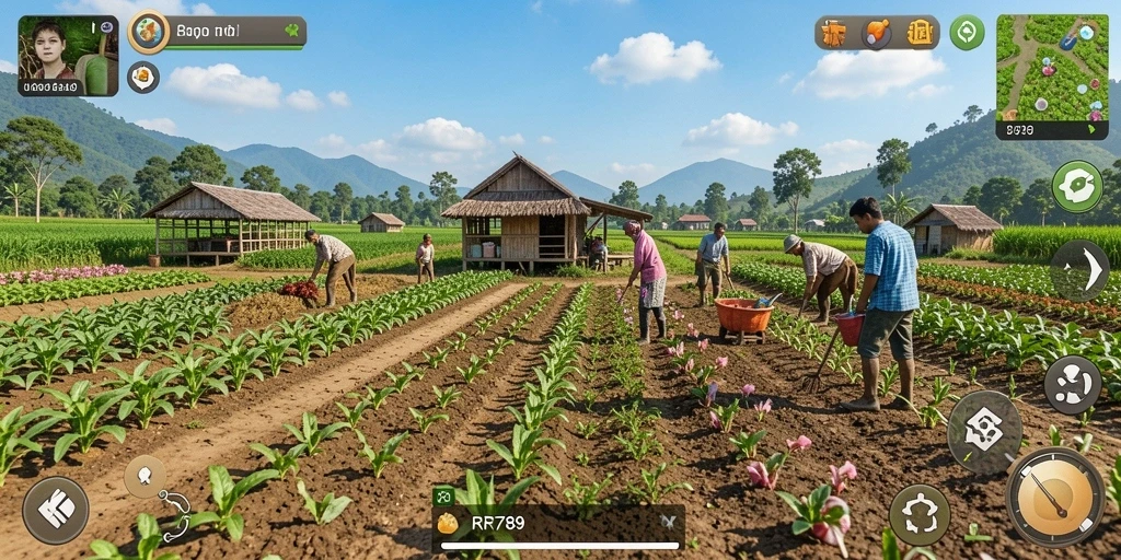 Tangkapan layar gameplay RR789 dengan suasana bertani yang ceria.