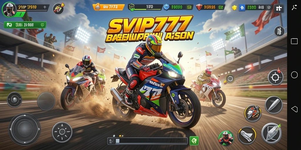 Screenshot gameplay SVIP777 yang menampilkan balapan motor yang intens.