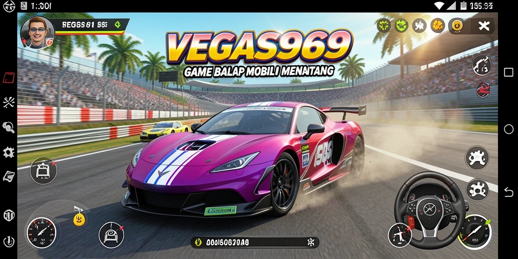 Tangkapan layar utama VEGAS969 menampilkan aksi balap mobil yang mendebarkan.