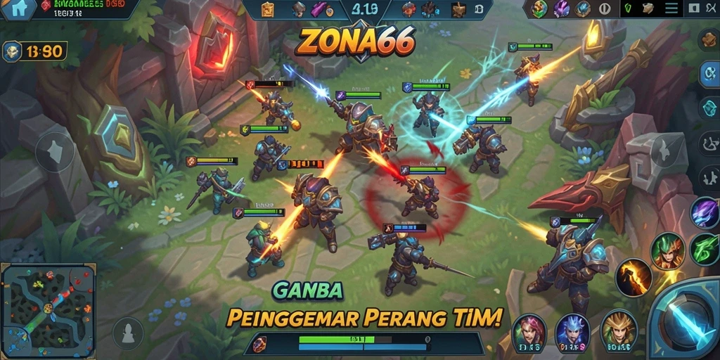 Tangkapan layar ZONA66 menampilkan aksi seru di arena MOBA.